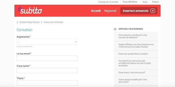 Contattare Subito.it tramite email
